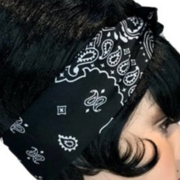 Black Paisley Rockabilly Bandana Tie Headband - Picture 11 of 13